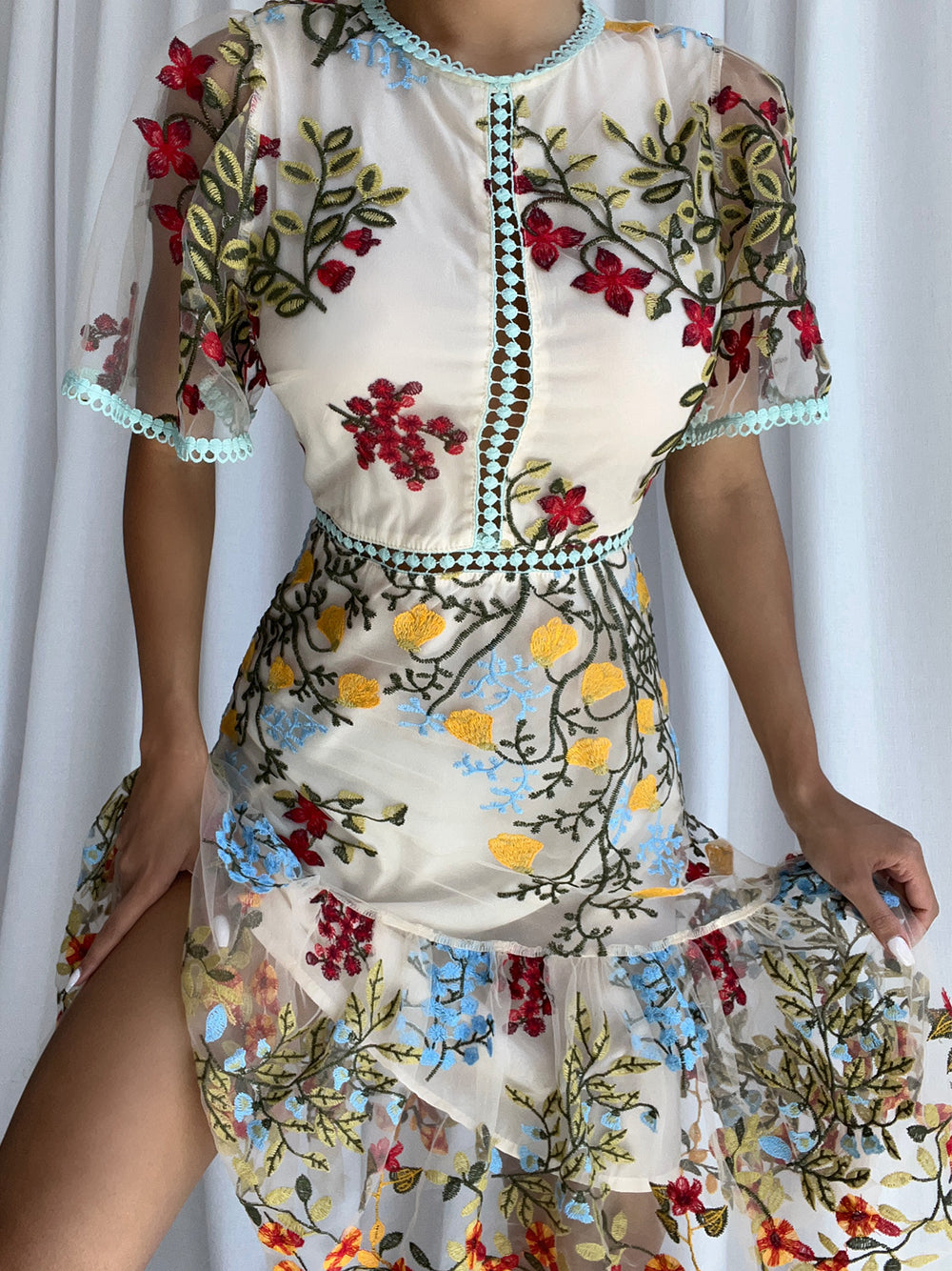 Apricot Round Neck Floral Embroidered Scalloped Trim Sheer Mesh Midi Dress 9