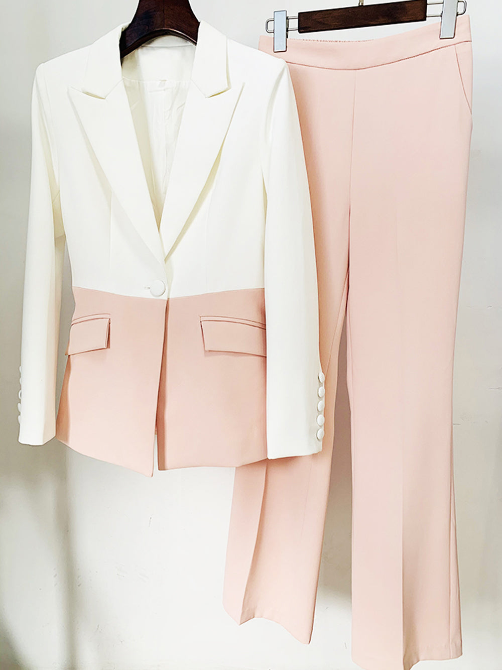 Pink Notch Lapel Color Block Blazer And High Waist Pants Set 2