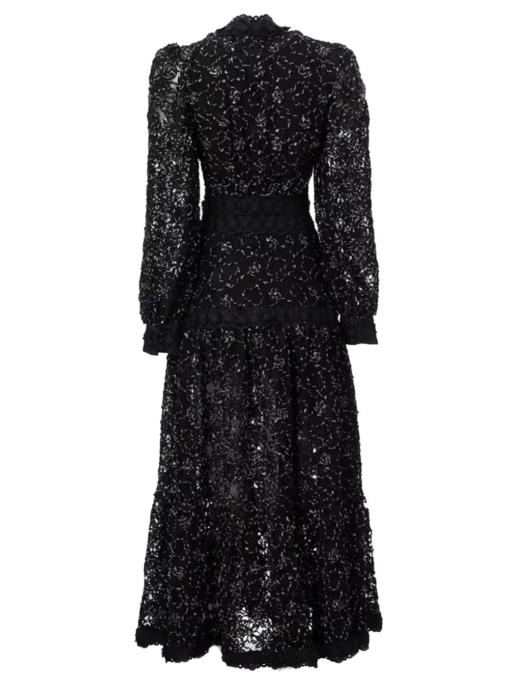 Black V-Neck Long Sleeve Floral Lace A-Line Midi Dress 2