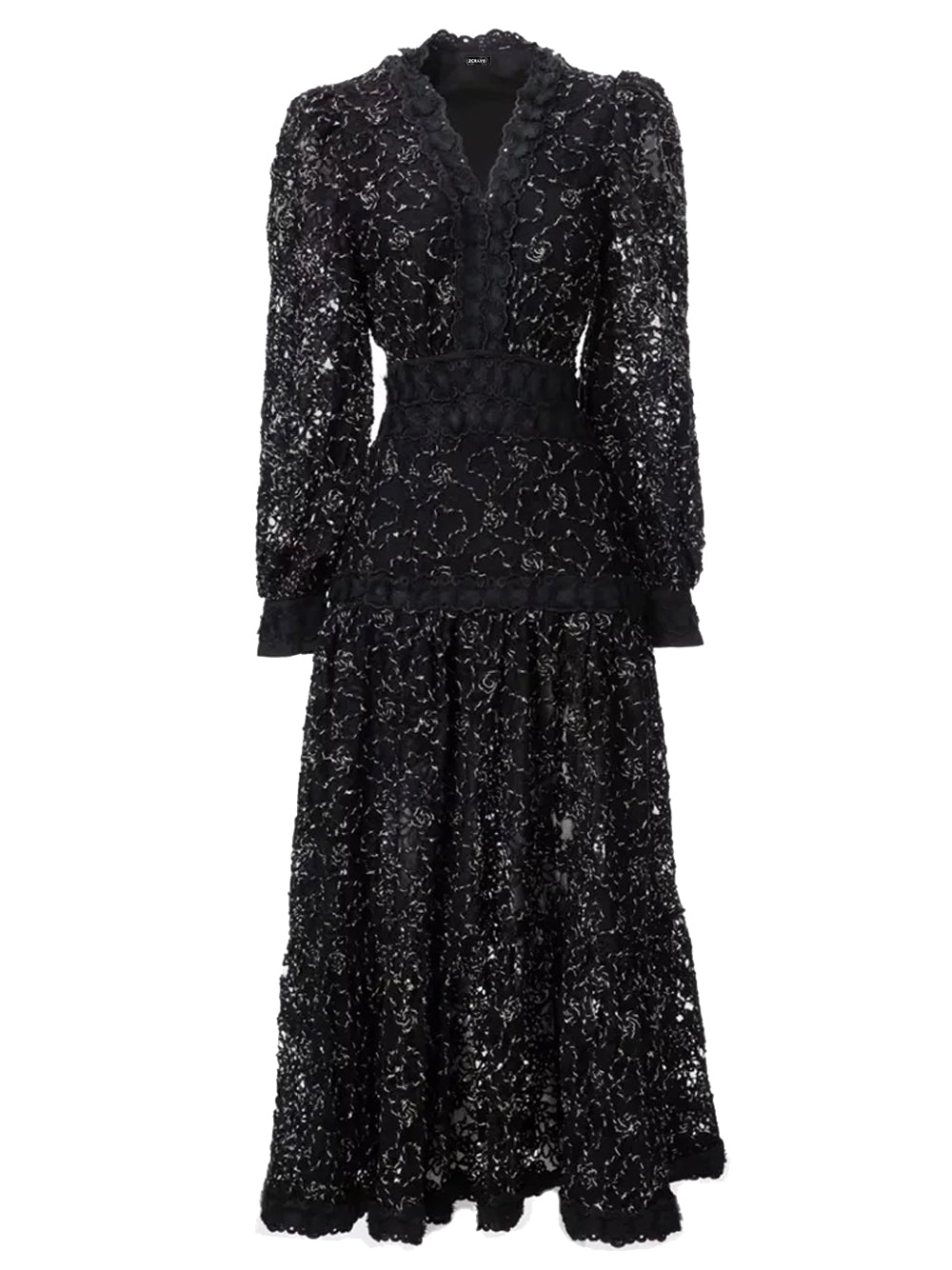 Black V-Neck Long Sleeve Floral Lace A-Line Midi Dress