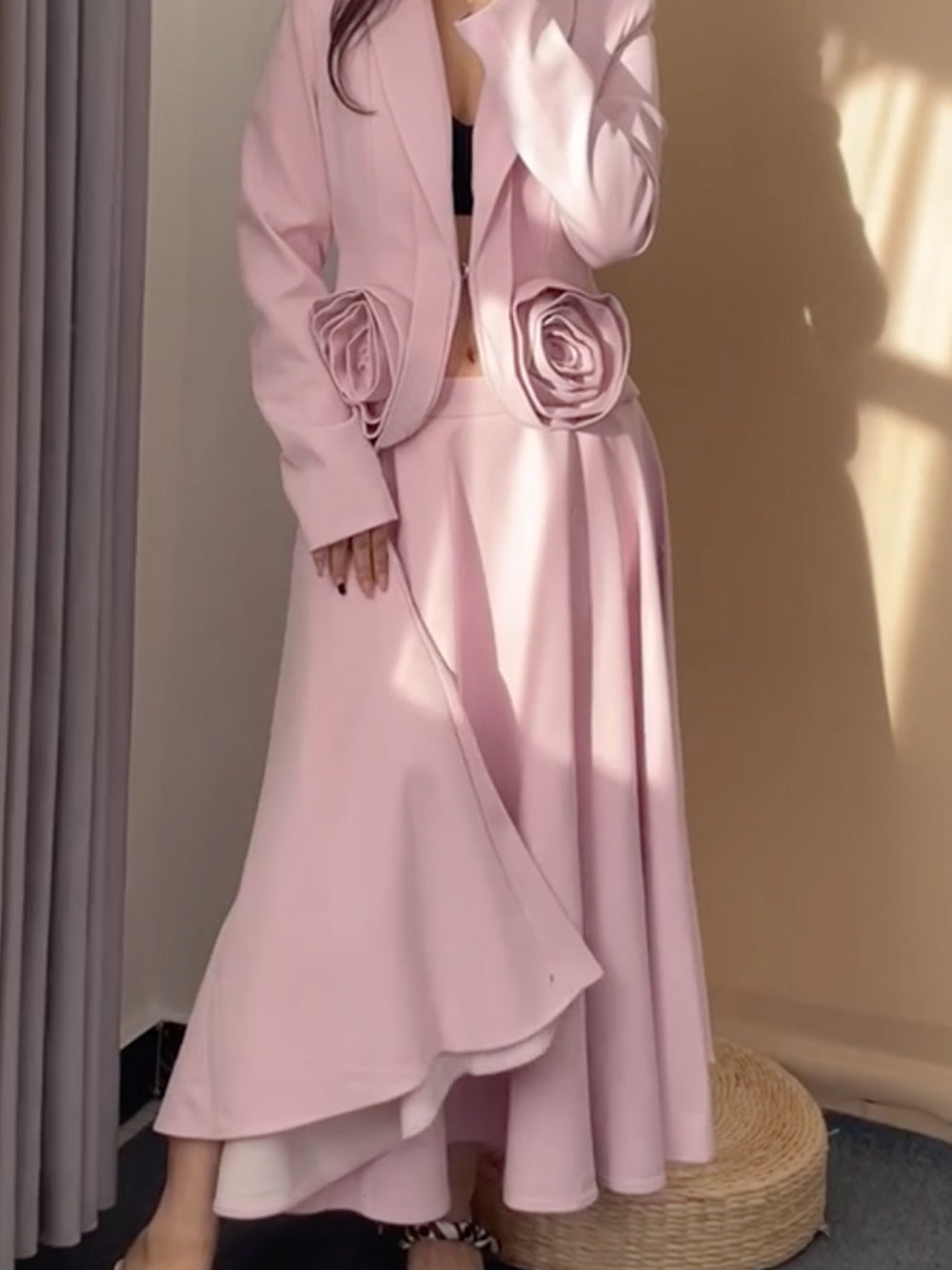 Pink Shawl Lapel Rosette Cropped Blazer Midi Skirt Set