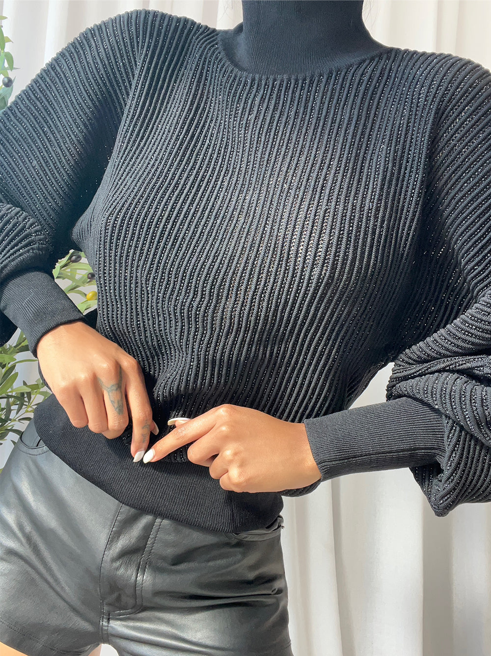 Black Turtleneck Metallic Ribbed-Knit Long Sleeve Sweater