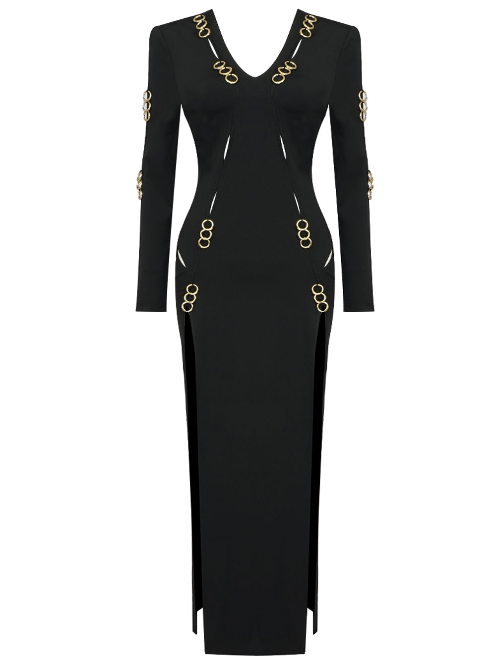 Black V-Neck Gold Ring Cutout Long Sleeve High Slit Bodycon Maxi Dress