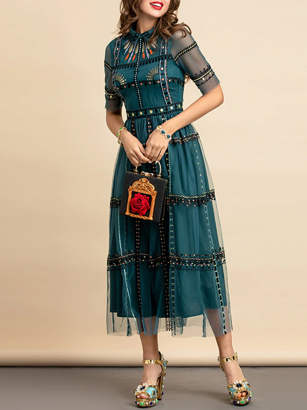 Green Collared Embroidered Sequin Mesh Short Sleeve A-Line Maxi Dress 5