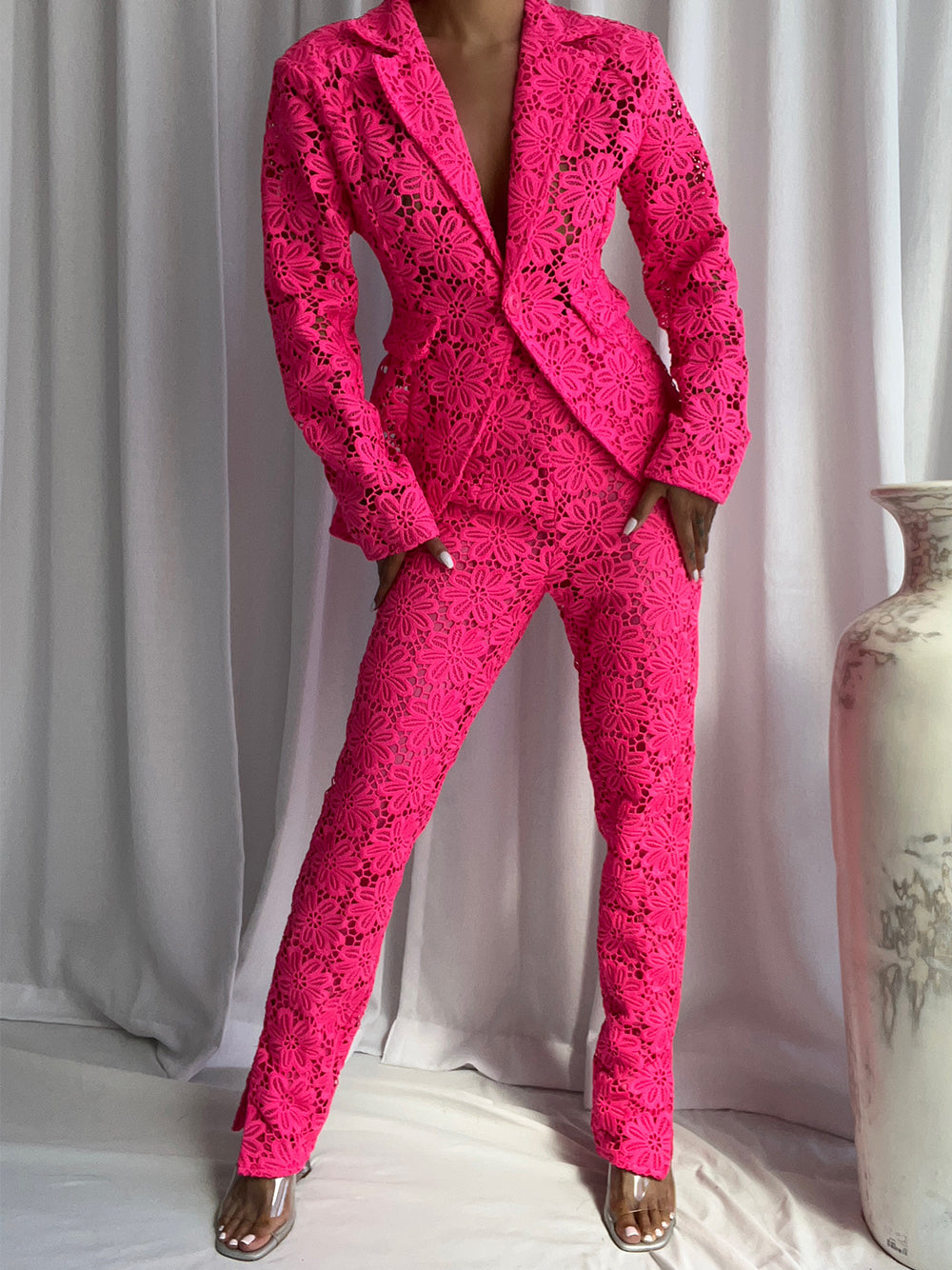Fuchsia Notch Lapel Floral Lace Blazer And Pants Set
