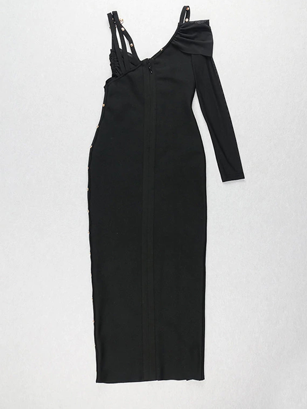 Black One Shoulder Long Sleeve Safety Pin High Slit Bodycon Midi Dress 18