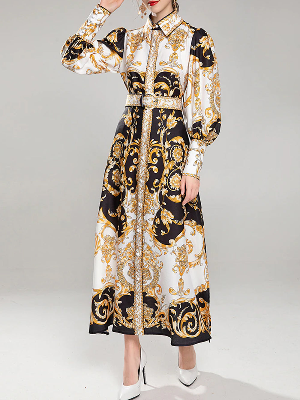 Gold Collared Baroque Print Long Sleeve High Slit Shirt Maxi Dress 5