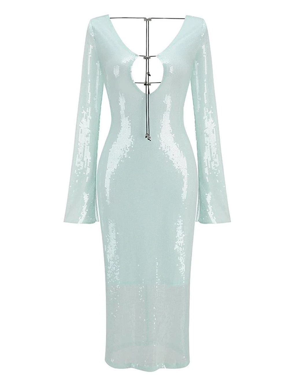 Light Mint Scoop Neck Sequin Ring Cutout Long Sleeve Bodycon Midi Dress