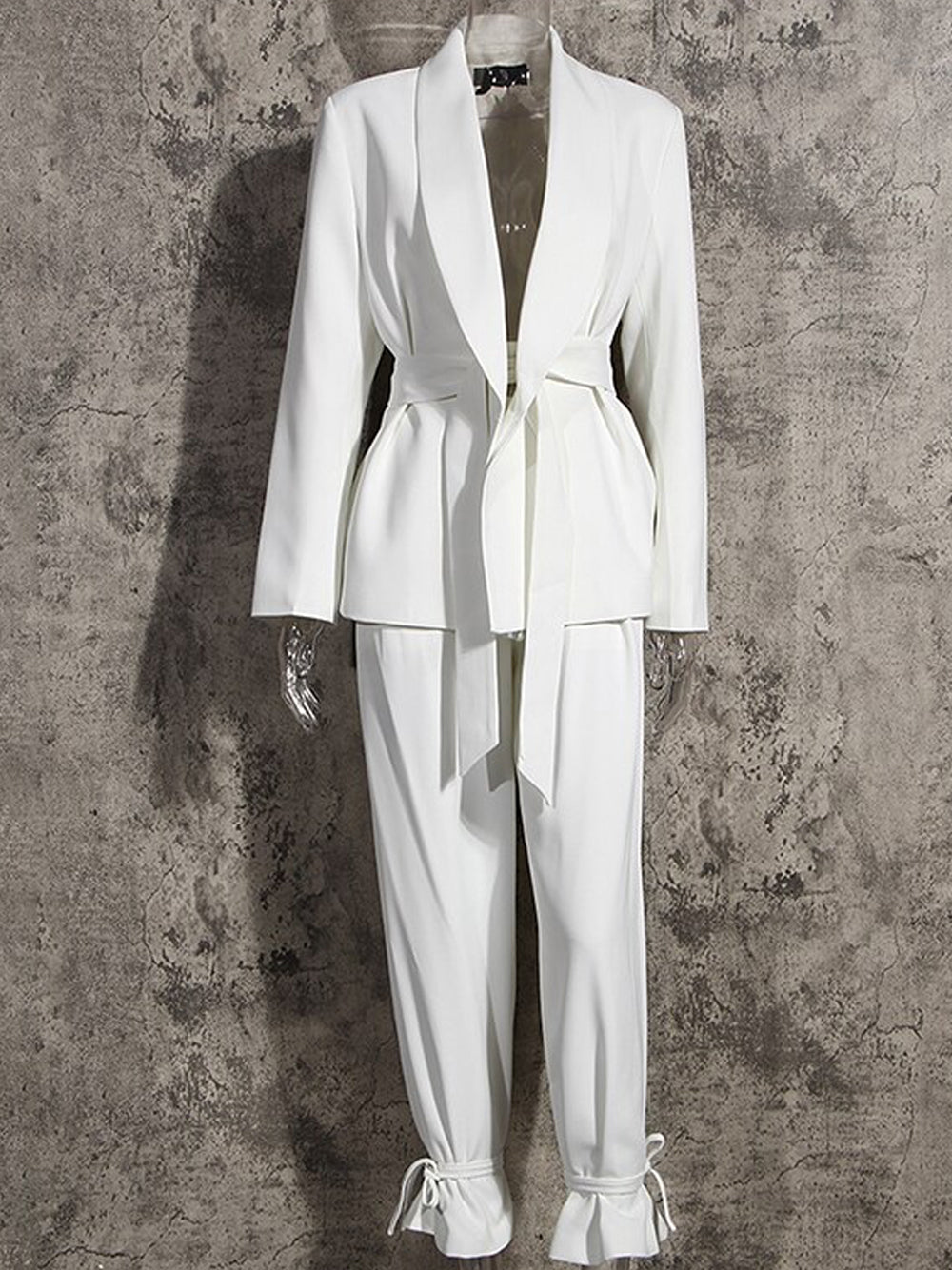 White Shawl Collar Tie Waist Blazer And Tie-Cuff Trouser Set