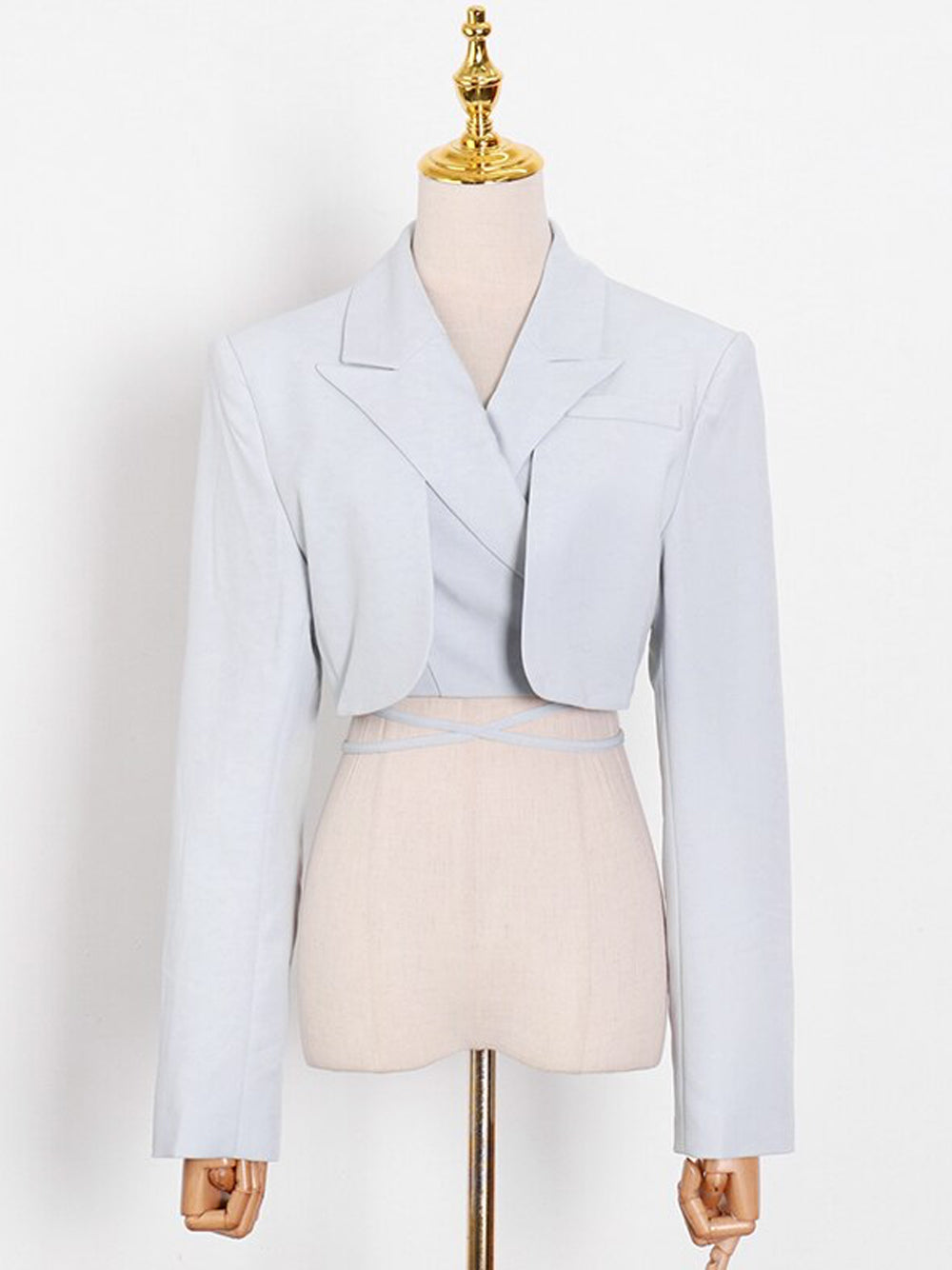 Light Blue Cropped Lace-Up Blazer and Pleated Asymmetric Skirt Set 13