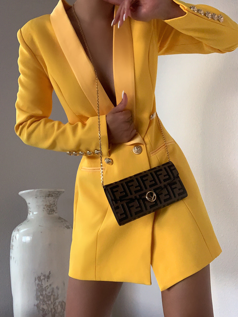 Yellow Shawl Lapel Double Breasted Gold Button Blazer Mini Dress 3
