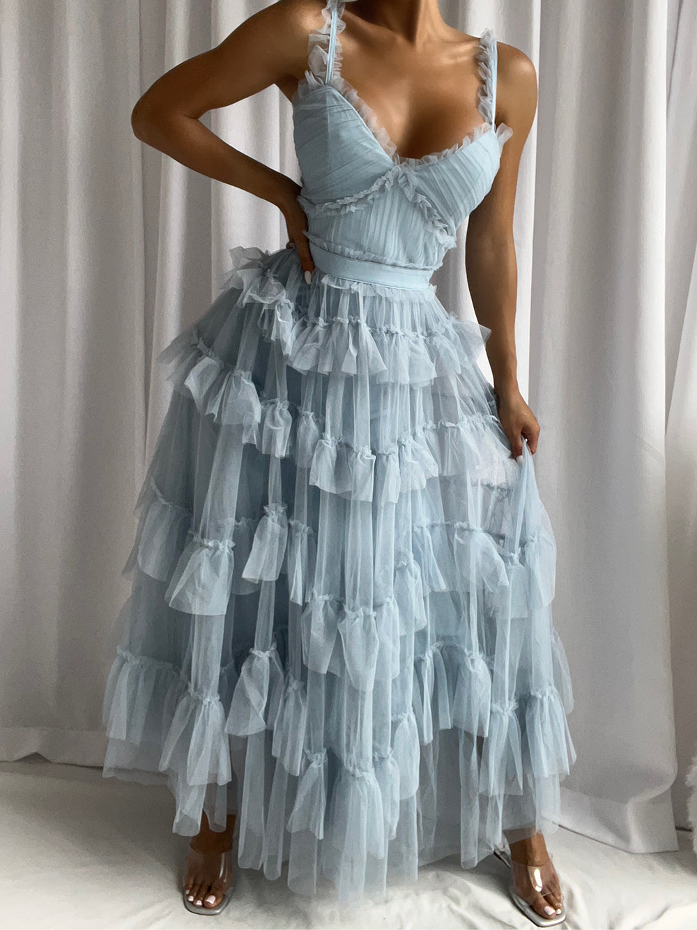 Light Blue Ruffle Strap Sweetheart Layered Tiered Tulle A-Line Maxi Dress