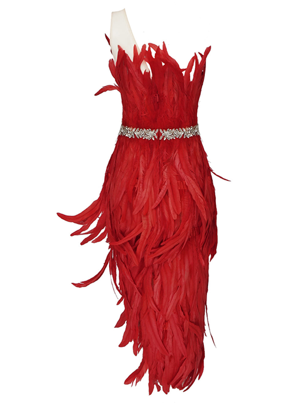 Red Strapless Feather Rhinestone Belt High Slit Bodycon Maxi Dress