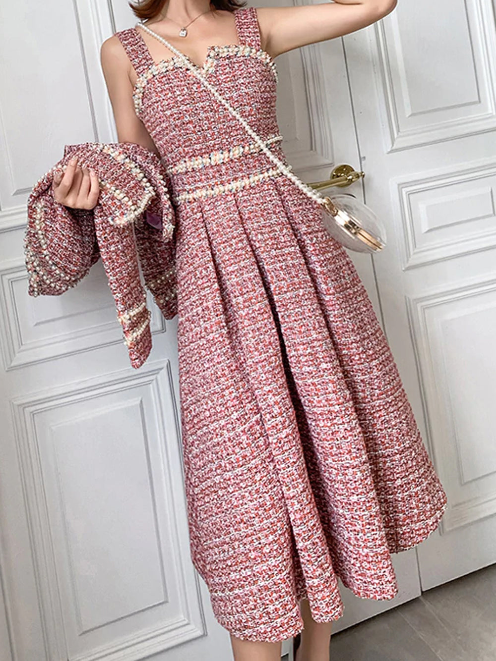 Pink Pearl Trim Tweed Jacket Slip Dress Set