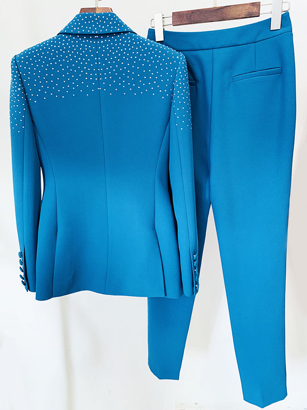 Blue Peak Lapel Rhinestone Embellished Blazer Pants Set 16