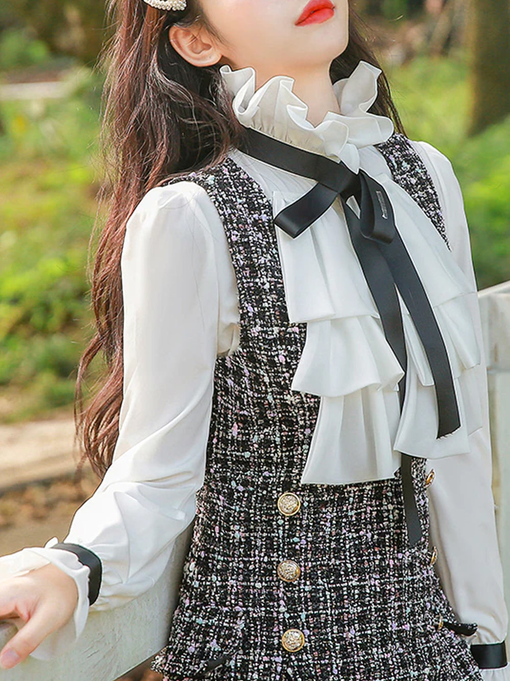 Gray Ruffle Bow Blouse and Tweed Pinafore Mini Dress Set