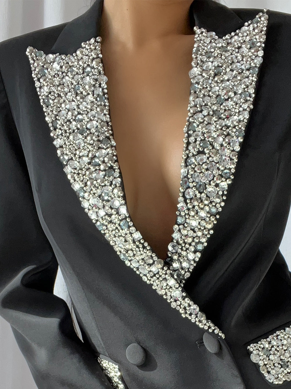 Black Crystal Embellished Lapel Double Breasted Blazer Mini Dress