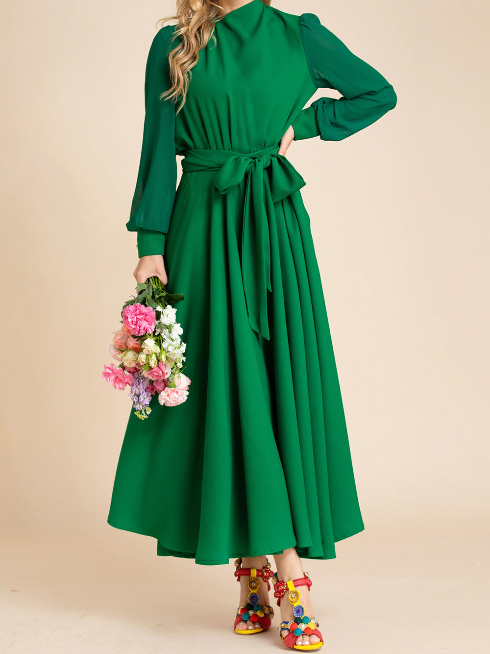 Black High Neck Long Sleeve Belted Wrap A-Line Midi Dress 5