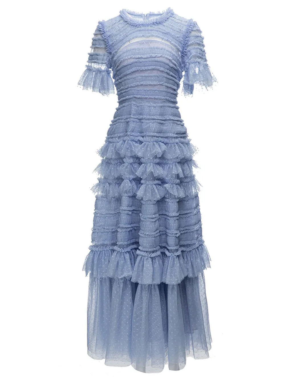 Arctic Blue Round Neck Tiered Ruffle Tulle Short Sleeve A-Line Maxi Dress