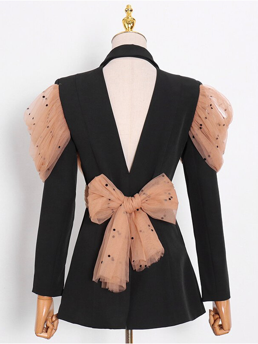 Black Notch Lapel Polka Dot Mesh Bow Wrap Blazer 15