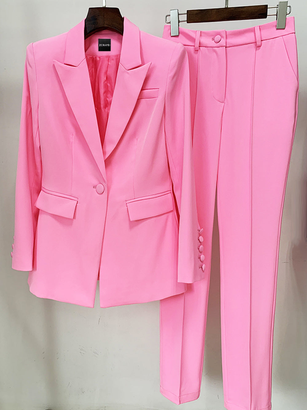 Pink Peaked Lapel Single Button Fitted Blazer and Pants Set 7