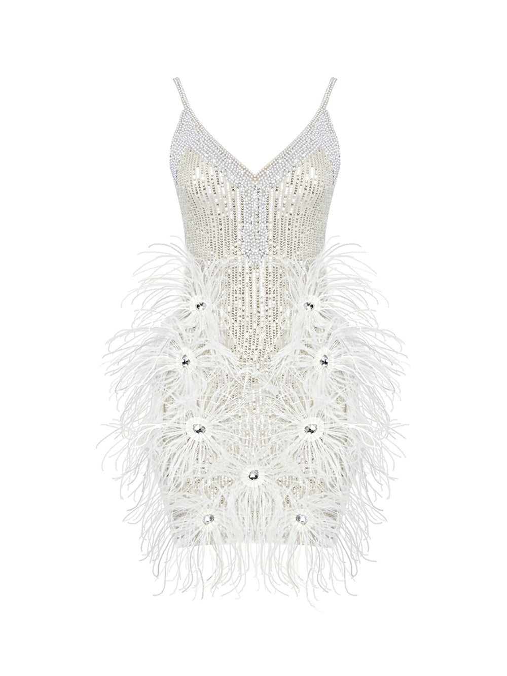 White Spaghetti Strap V-Neck Rhinestone Feather Trim Bodycon Mini Dress