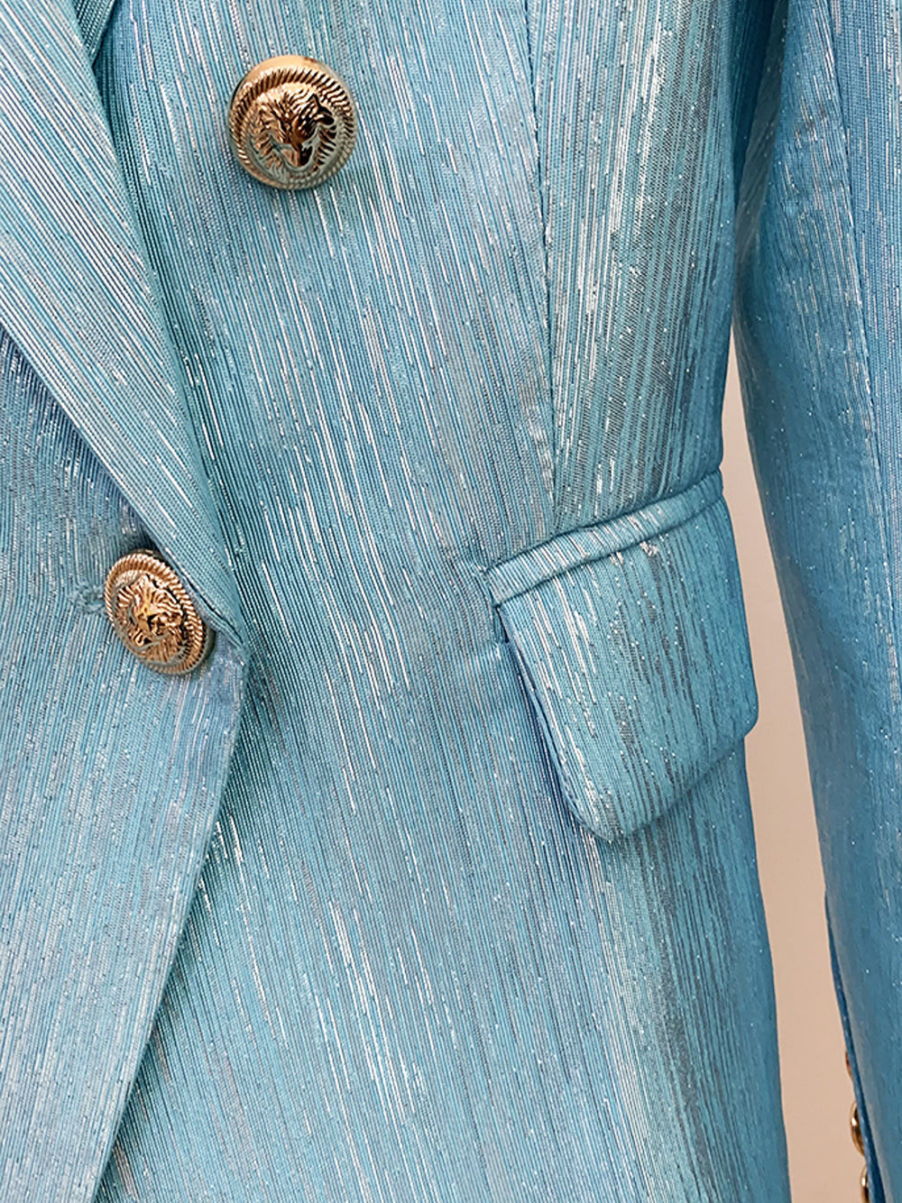 Turquoise Peak Lapel Double Breasted Gold Button Shimmer Blazer