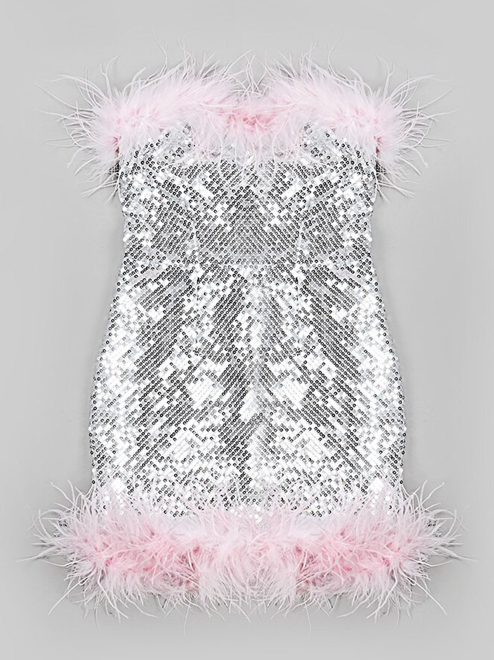 Silver Strapless Sequin Feather Trim Bodycon Mini Dress 6