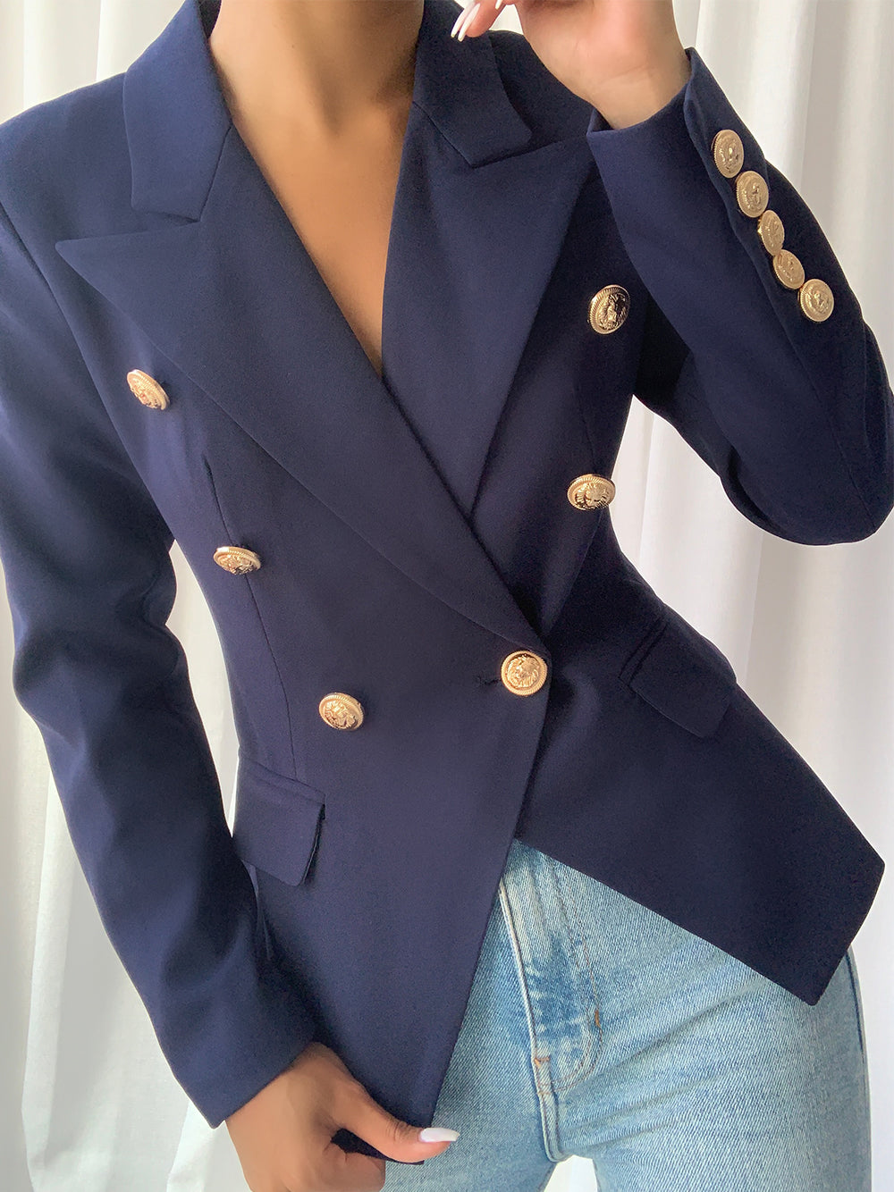 Dark Blue Peaked Lapel Gold Button Double-Breasted Fitted Blazer 2