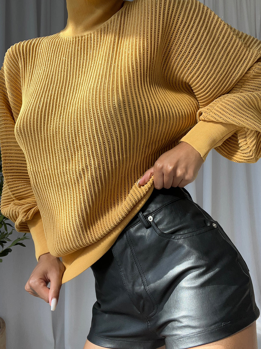 Brown Turtleneck Rhinestone Ribbed-Knit Long Sleeve Sweater