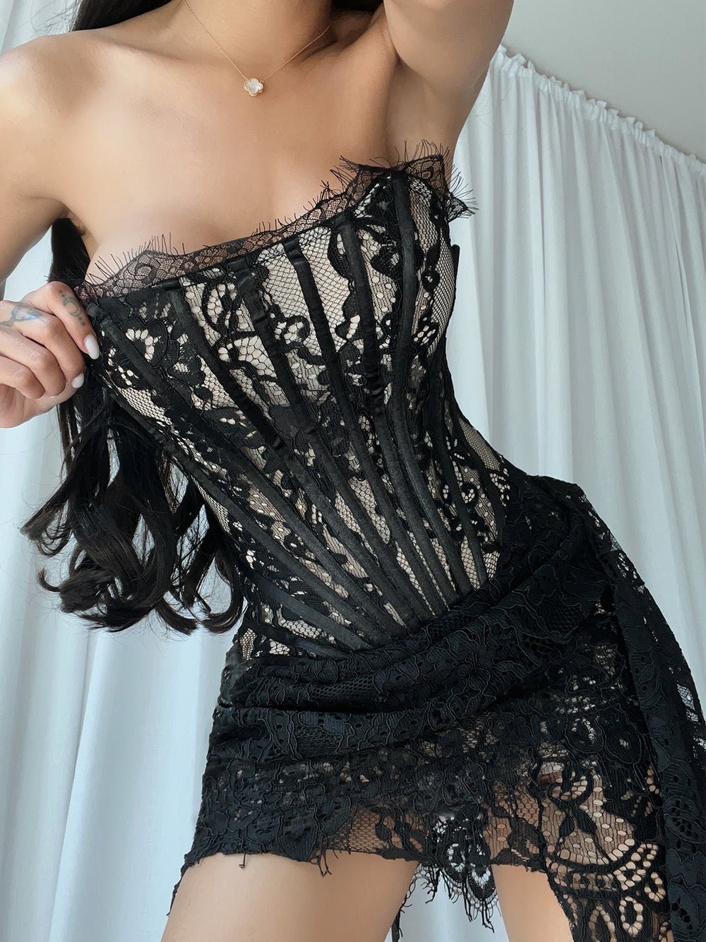 Black Strapless Eyelash Lace Corset Ruched Bodycon Mini Dress 2