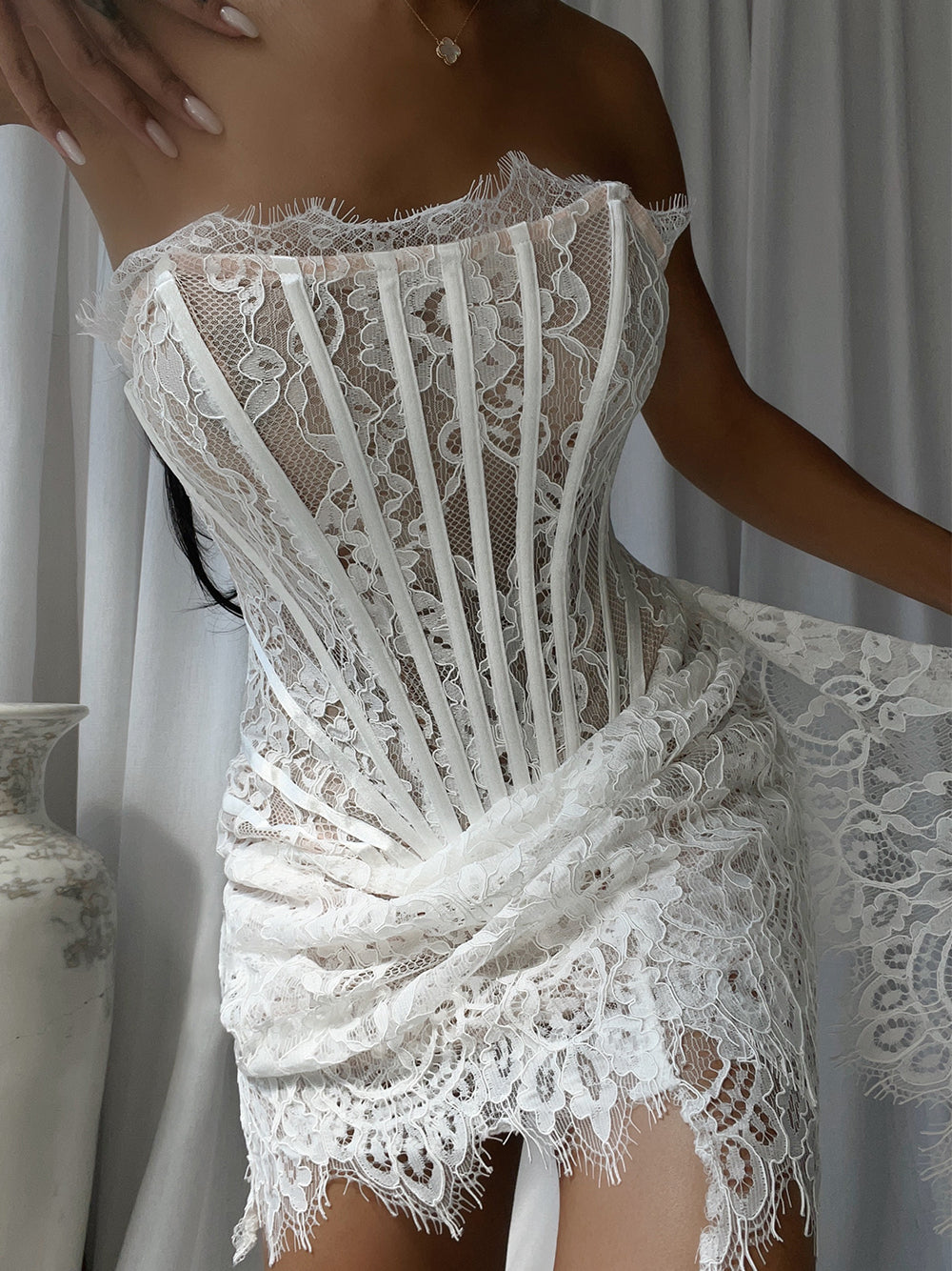 White Strapless Eyelash Lace Corset Ruched Bodycon Mini Dress 3