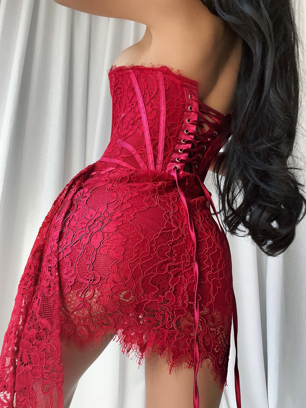 Red Strapless Eyelash Lace Corset Ruched Bodycon Mini Dress 4