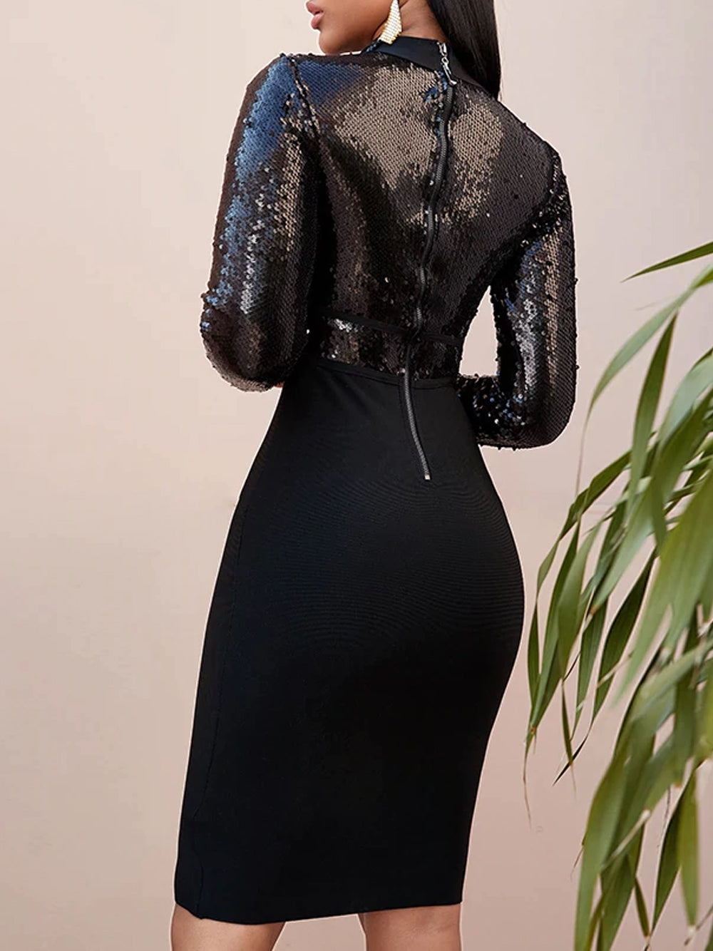 Black High Neck Long Sleeve Sequin Panel Bodycon Mini Dress
