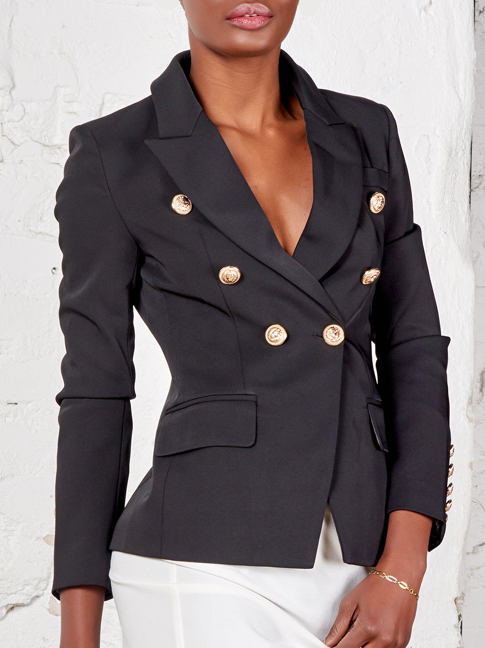 Black Peak Lapel Gold Button Double-Breasted Fitted Blazer 9