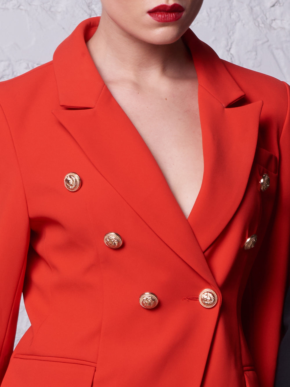 Red Peaked Lapel Gold Button Double-Breasted Blazer 11