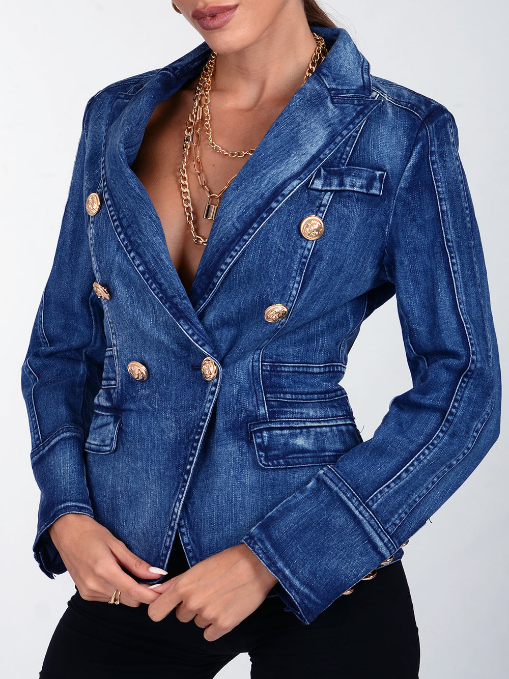 Denim Peak Lapel Double-Breasted Gold Button Denim Blazer
