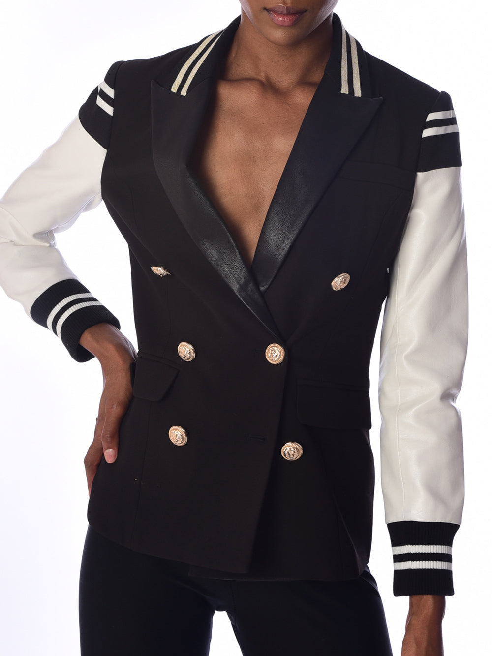 B&w Double-Breasted Gold Button Varsity Sleeve Contrast Blazer
