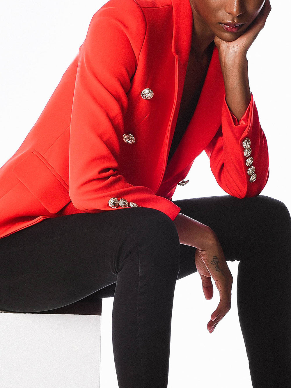 Red Peaked Lapel Gold Button Double-Breasted Blazer 6