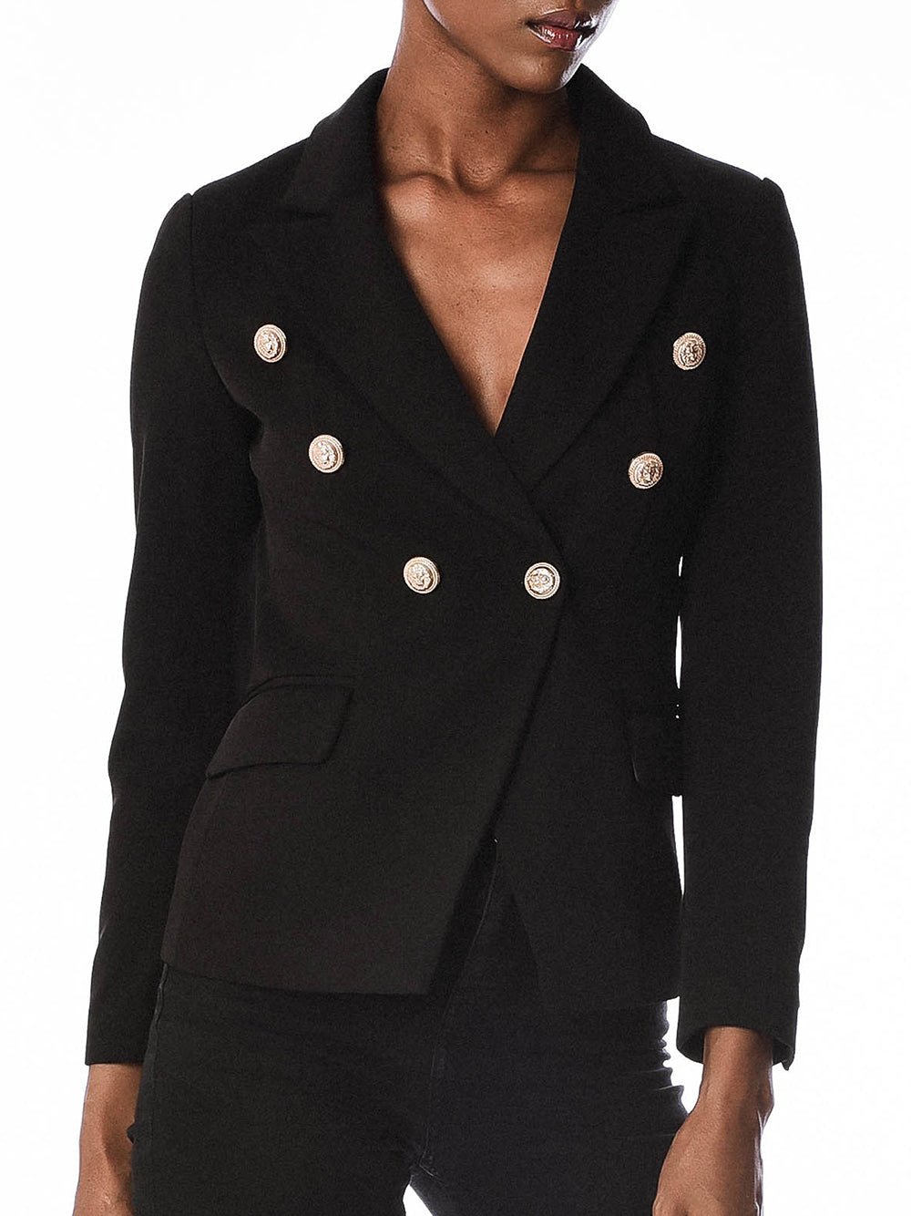 Black Peak Lapel Gold Button Double-Breasted Fitted Blazer 13