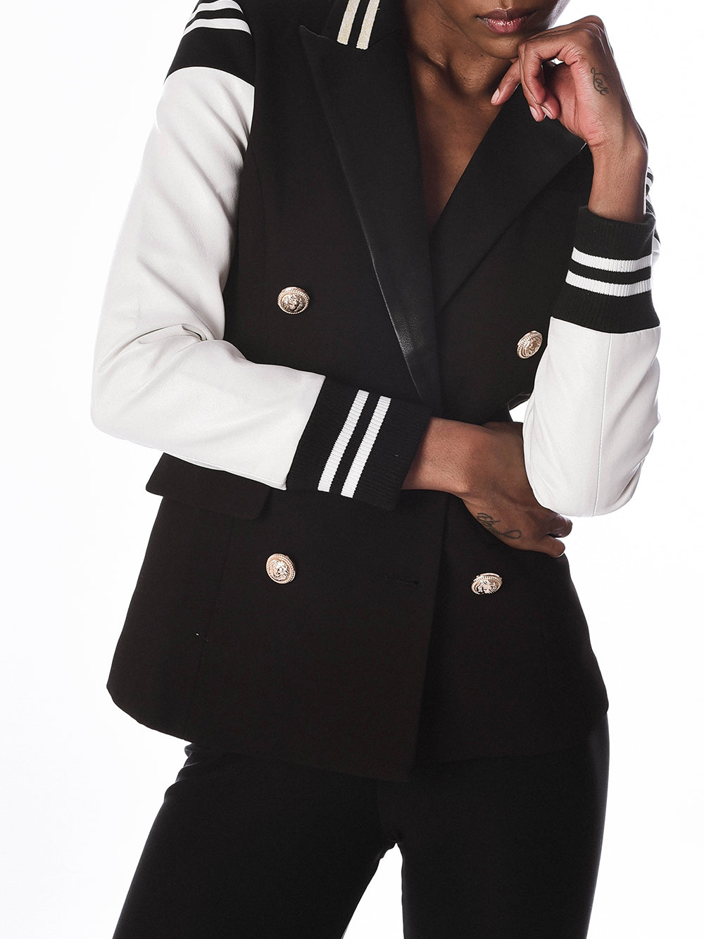B&w Double-Breasted Gold Button Varsity Sleeve Contrast Blazer