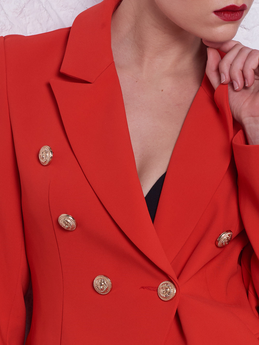 Red Peaked Lapel Gold Button Double-Breasted Blazer 14