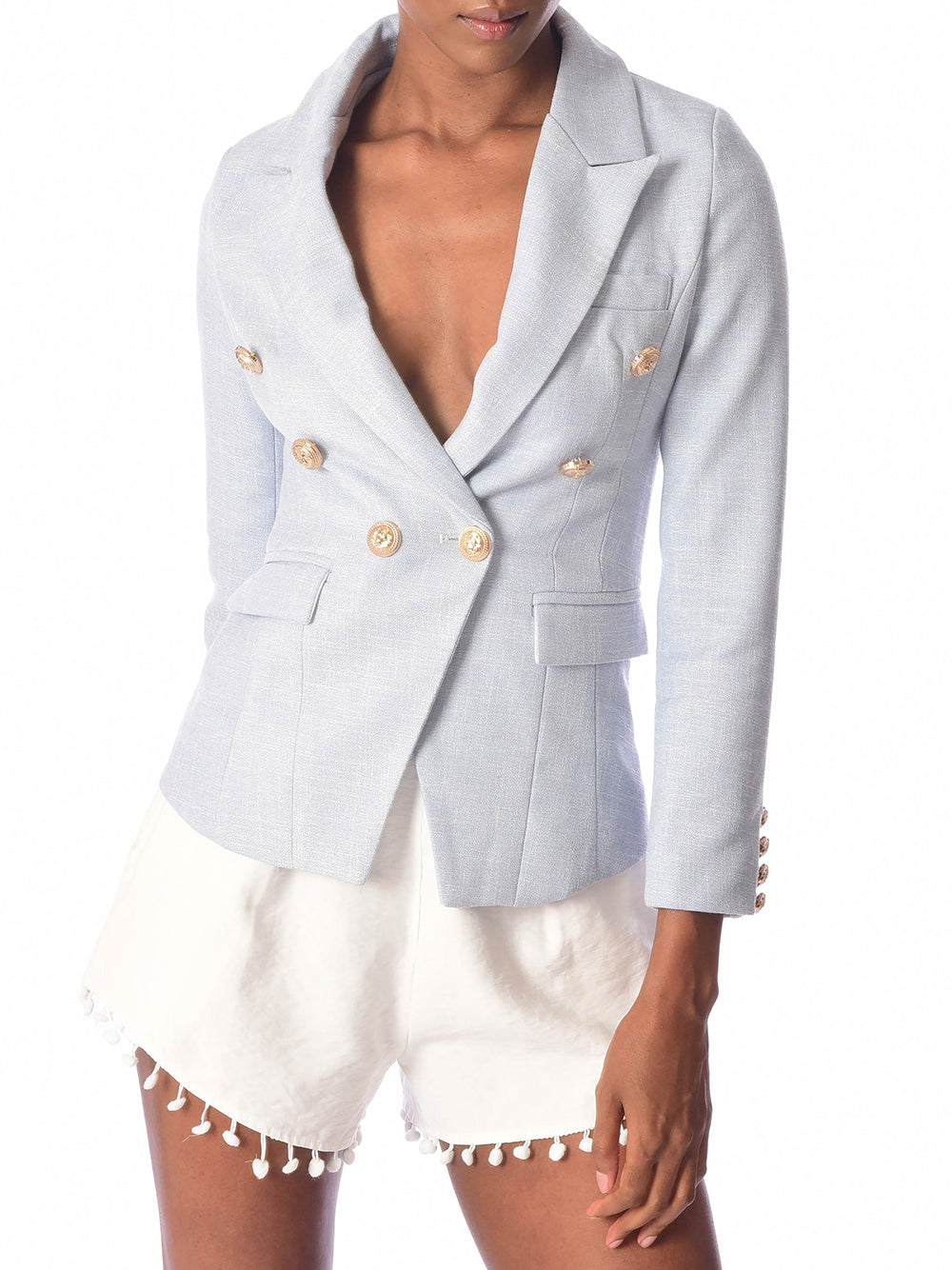 Light Blue Peak Lapel Silver Button Double-Breasted Tweed Blazer