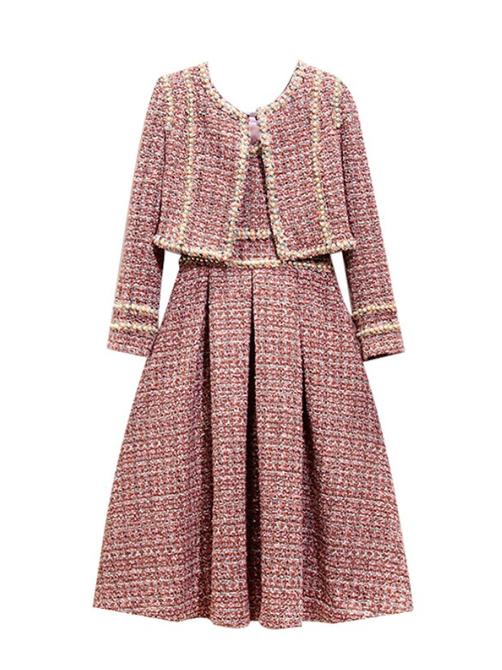 Pink Pearl Trim Tweed Jacket Slip Dress Set
