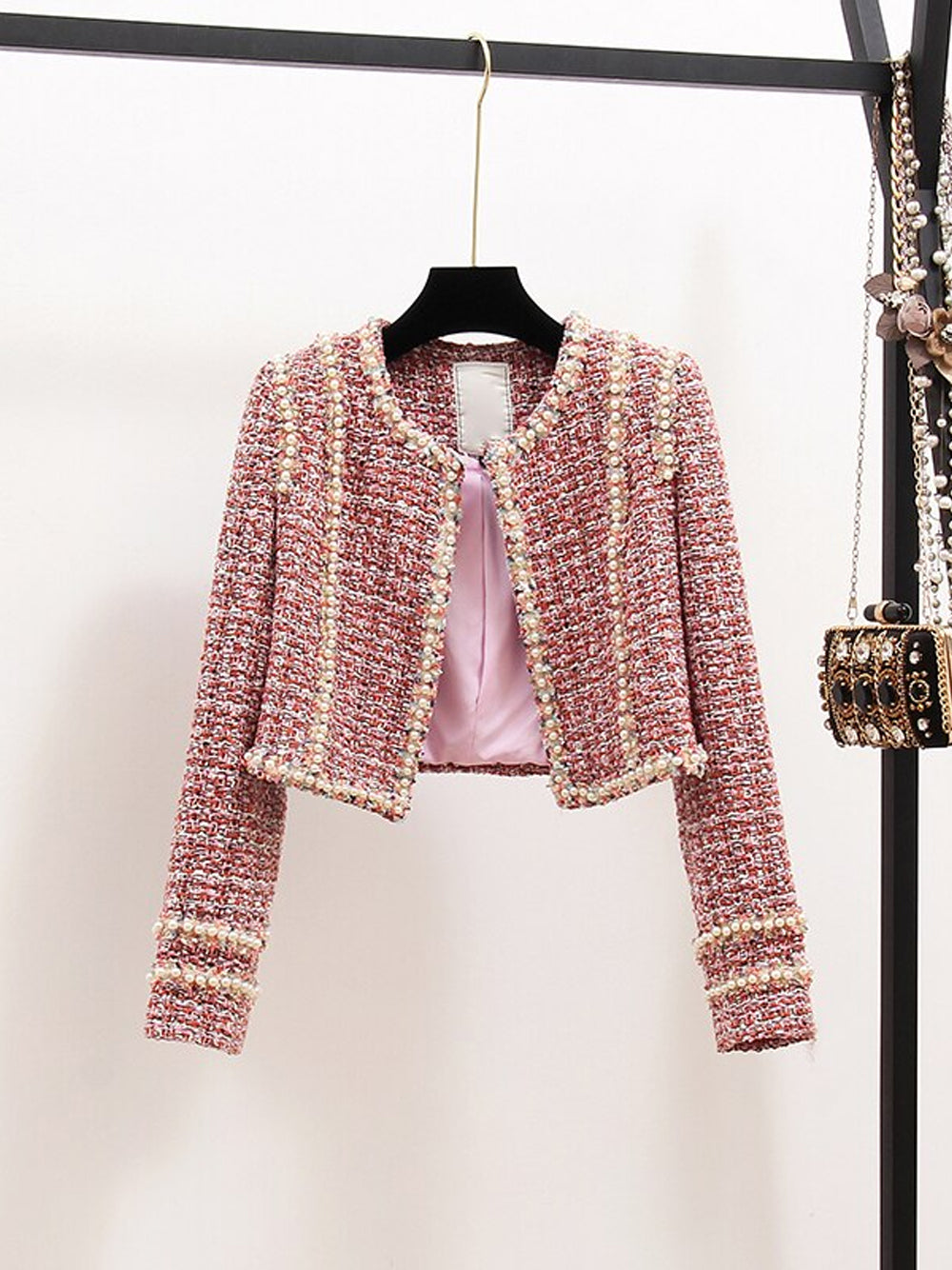 Pink Pearl Trim Tweed Jacket Slip Dress Set