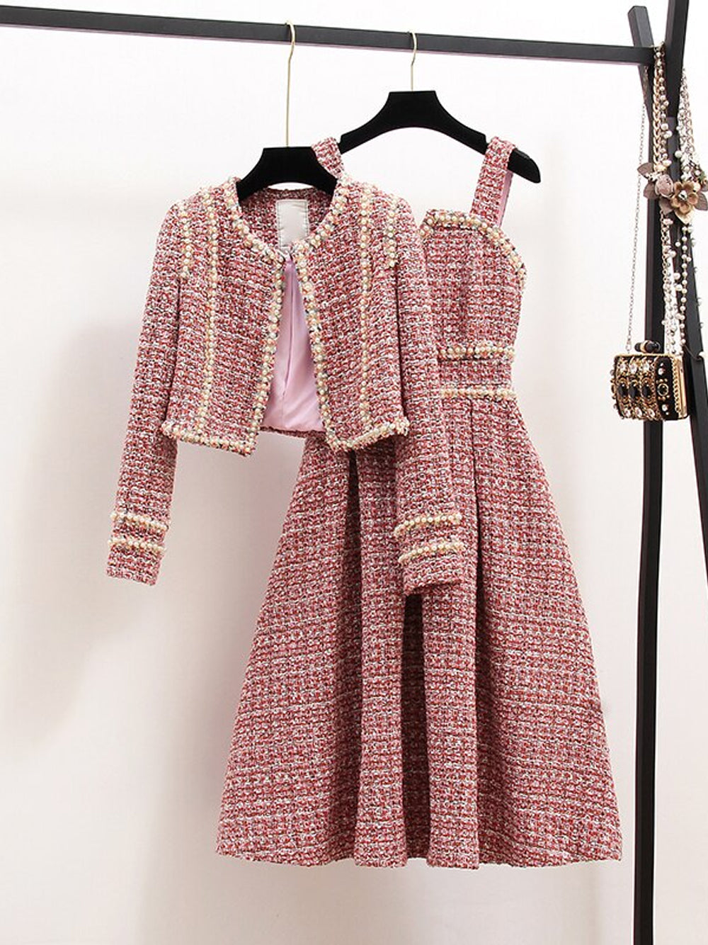 Pink Pearl Trim Tweed Jacket Slip Dress Set