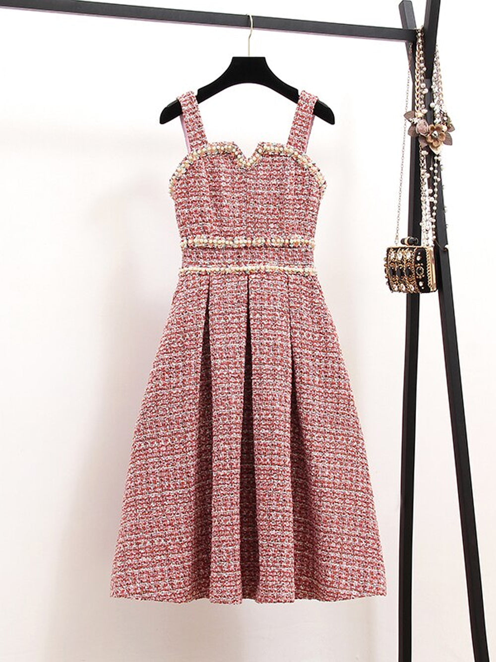 Pink Pearl Trim Tweed Jacket Slip Dress Set