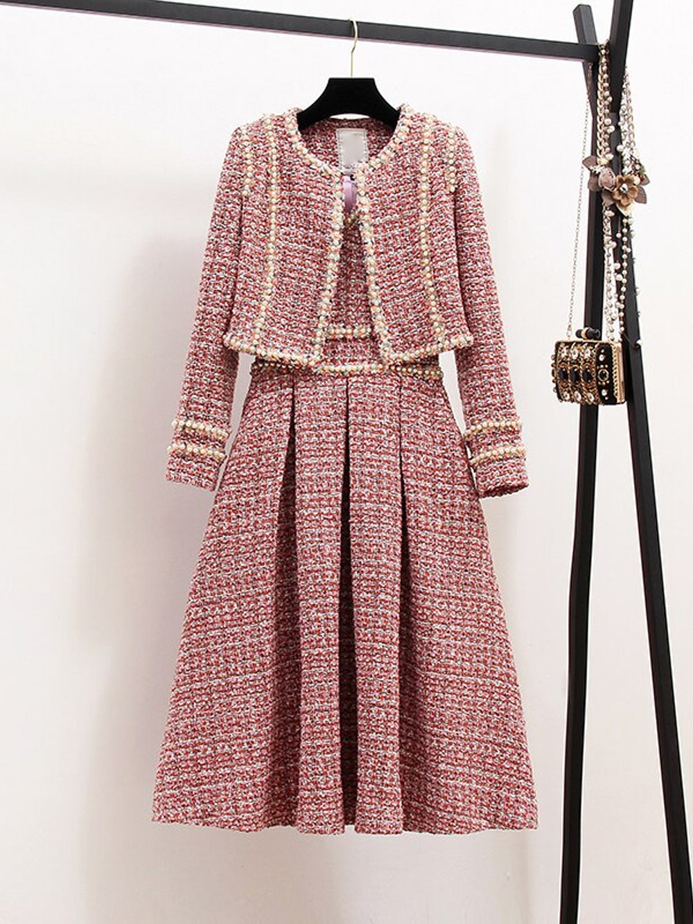 Pink Pearl Trim Tweed Jacket Slip Dress Set