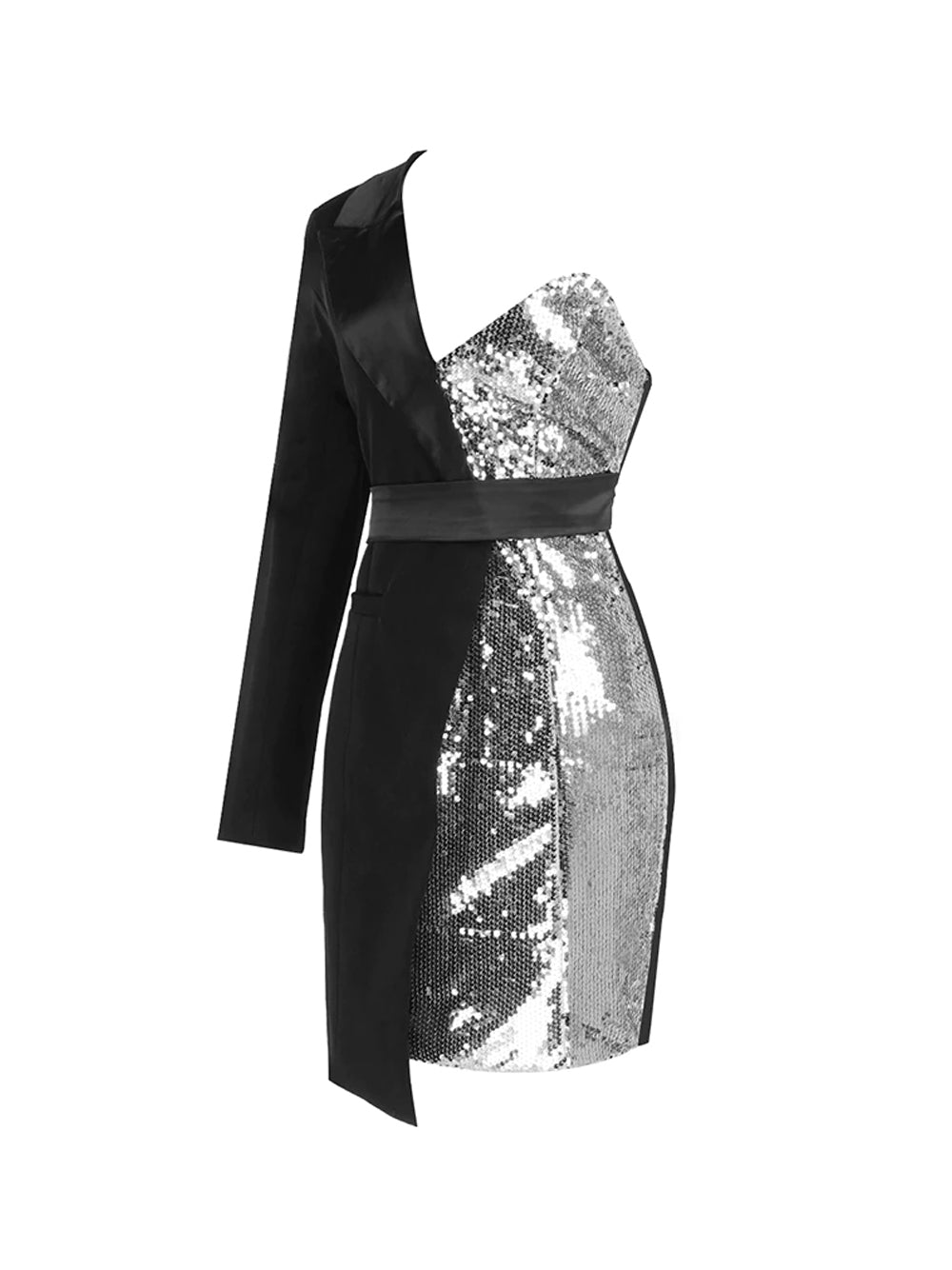 Silver One-Shoulder Asymmetric Sequin Blazer Belted Bodycon Mini Dress 8
