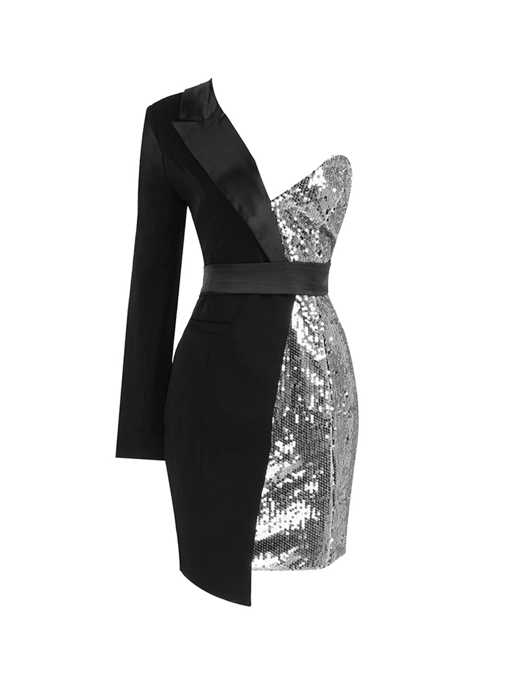 Silver One-Shoulder Asymmetric Sequin Blazer Belted Bodycon Mini Dress